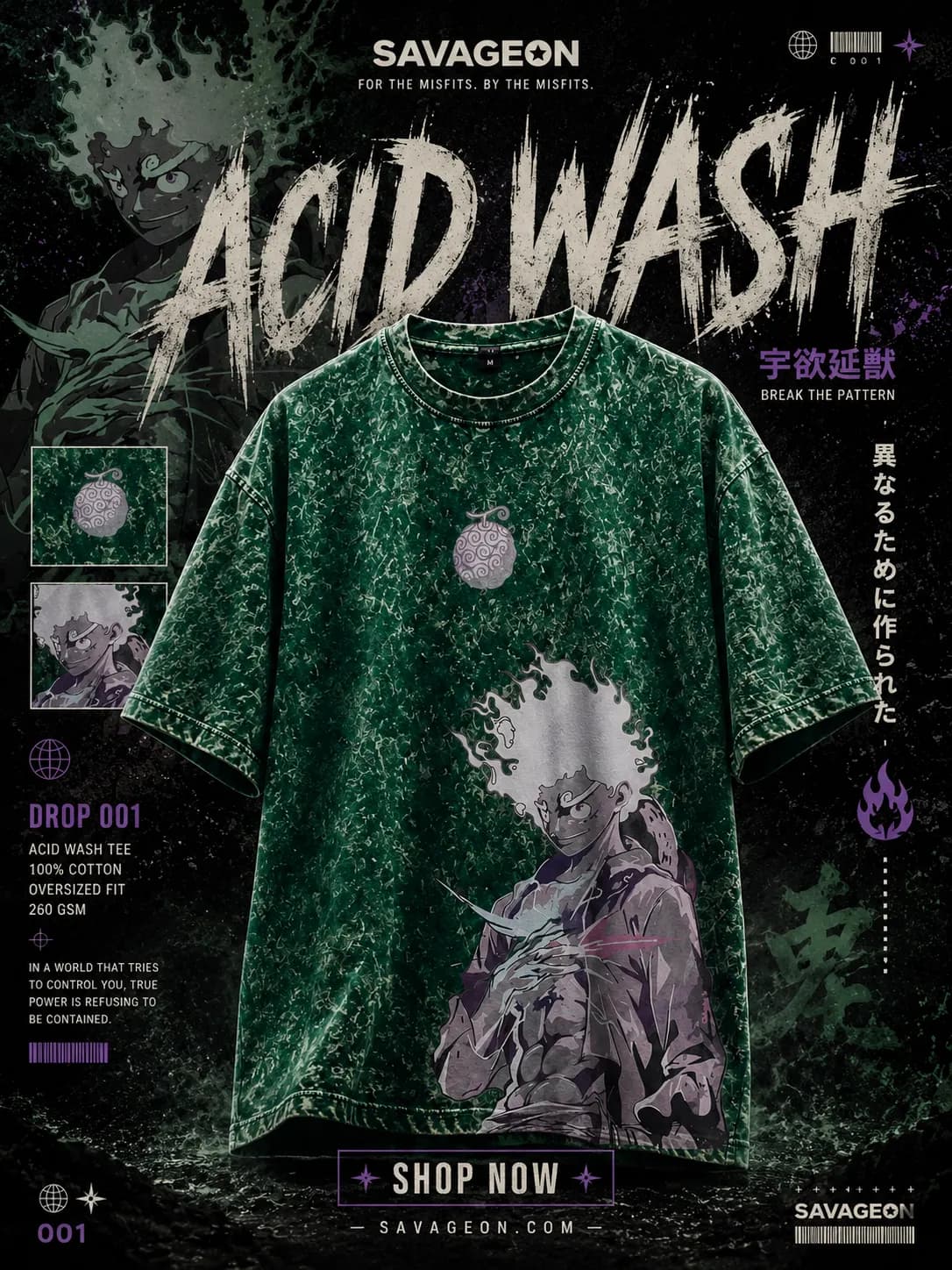 Acid Wash Anime Drop Shoulder — Green Luffy — Savageon Bangladesh