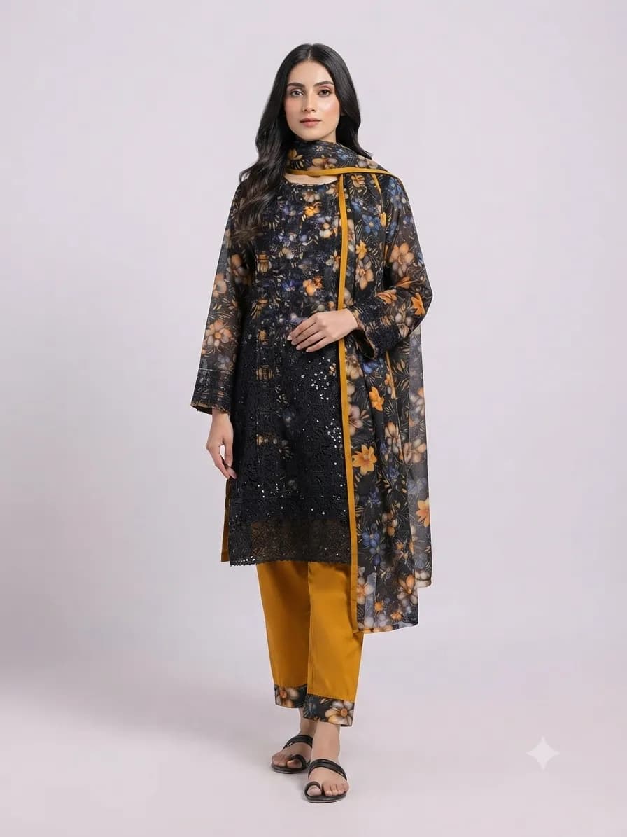 Digital Green Floral Georgette Unstitched 3-Piece Suit — Savageon Bangladesh